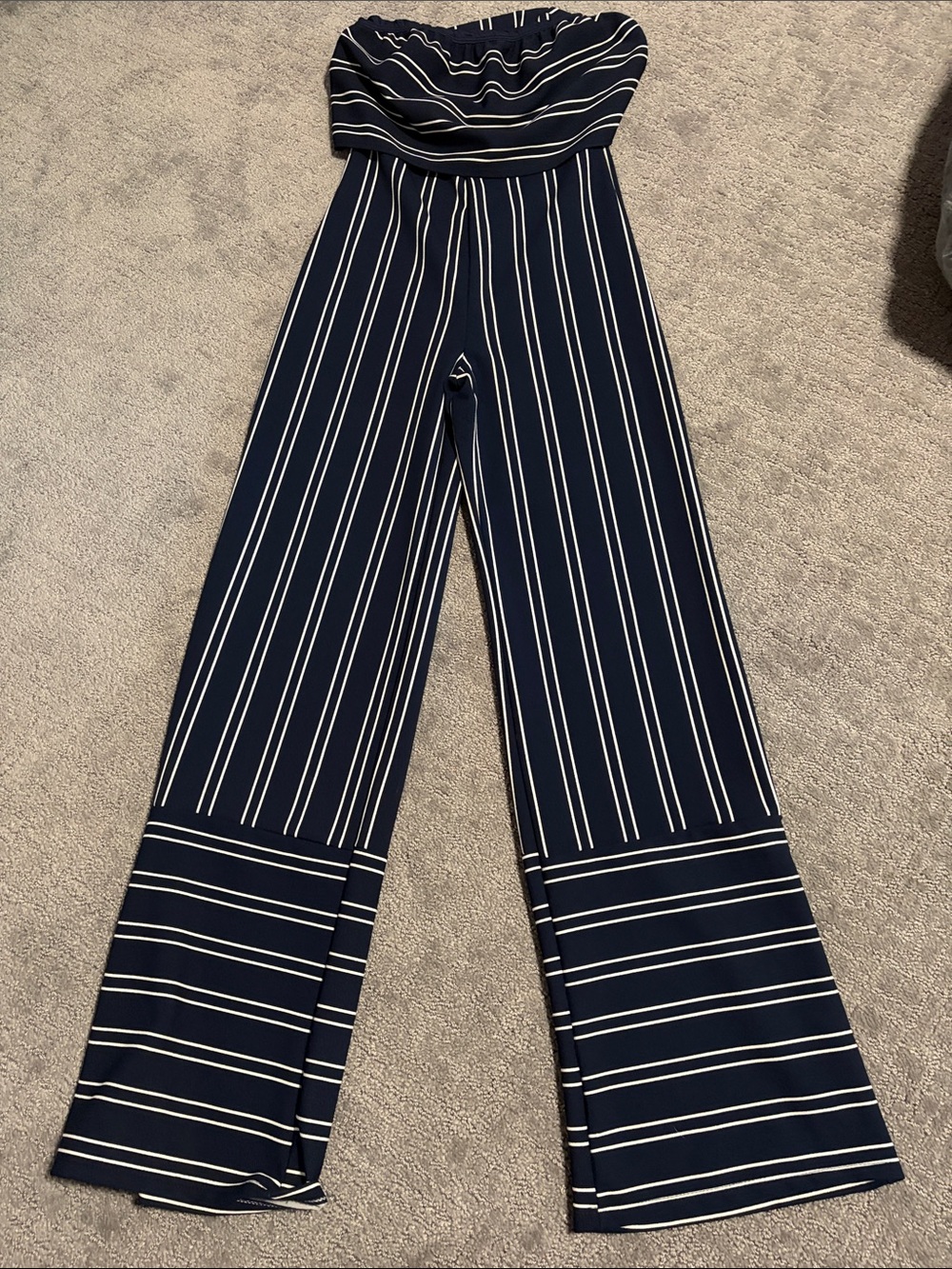 Fashion Nova Navy and White Strapless Wide-Leg Jumpsuit